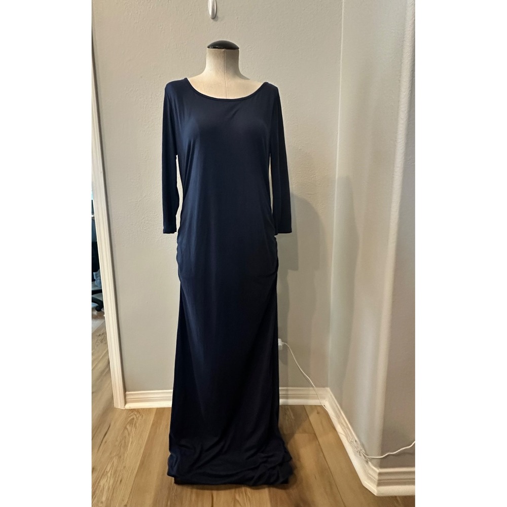 Motherhood Maternity Maxi Dress M Navy Blue Ruched 3/4 Sleeve Stretch